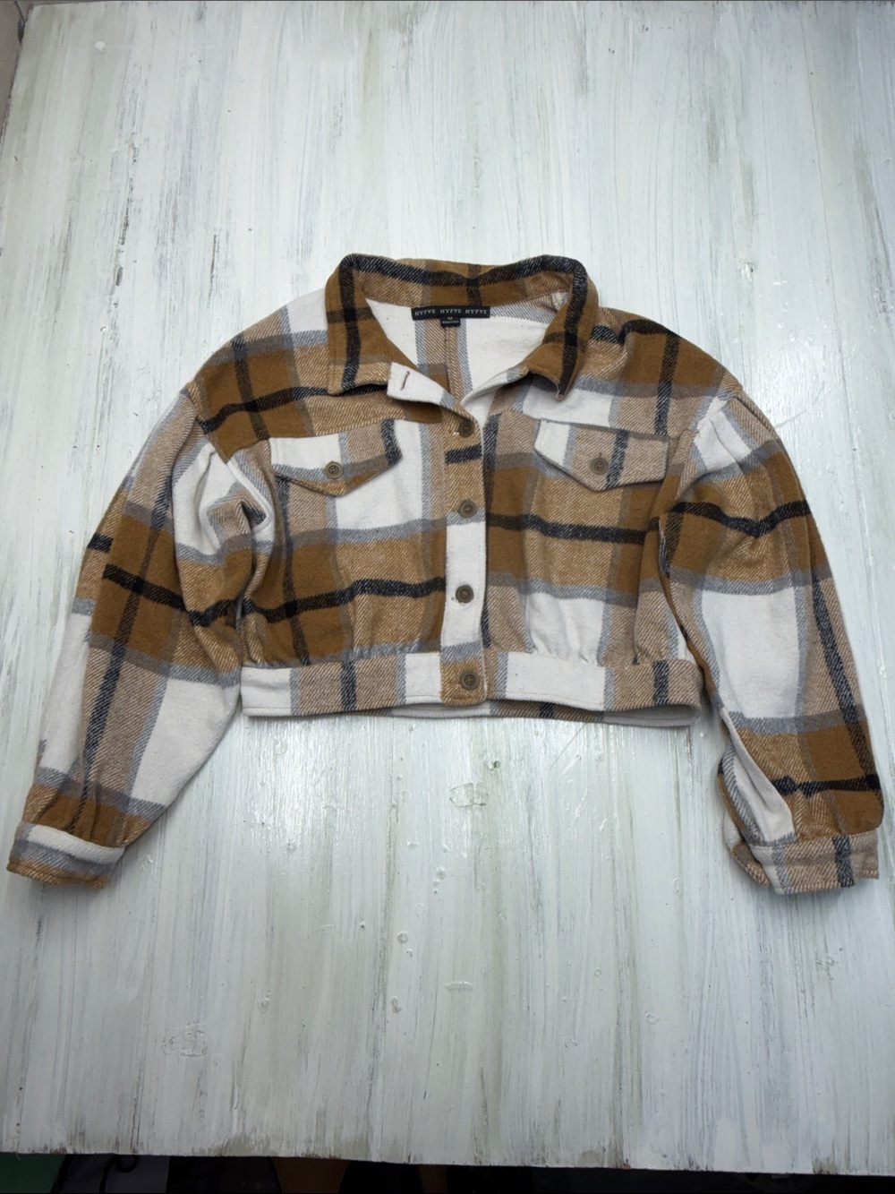 💚5/$25 SALE!💚 HYFVE Cropped Plaid Teddy Jacket - Mustard & Cream Sz M